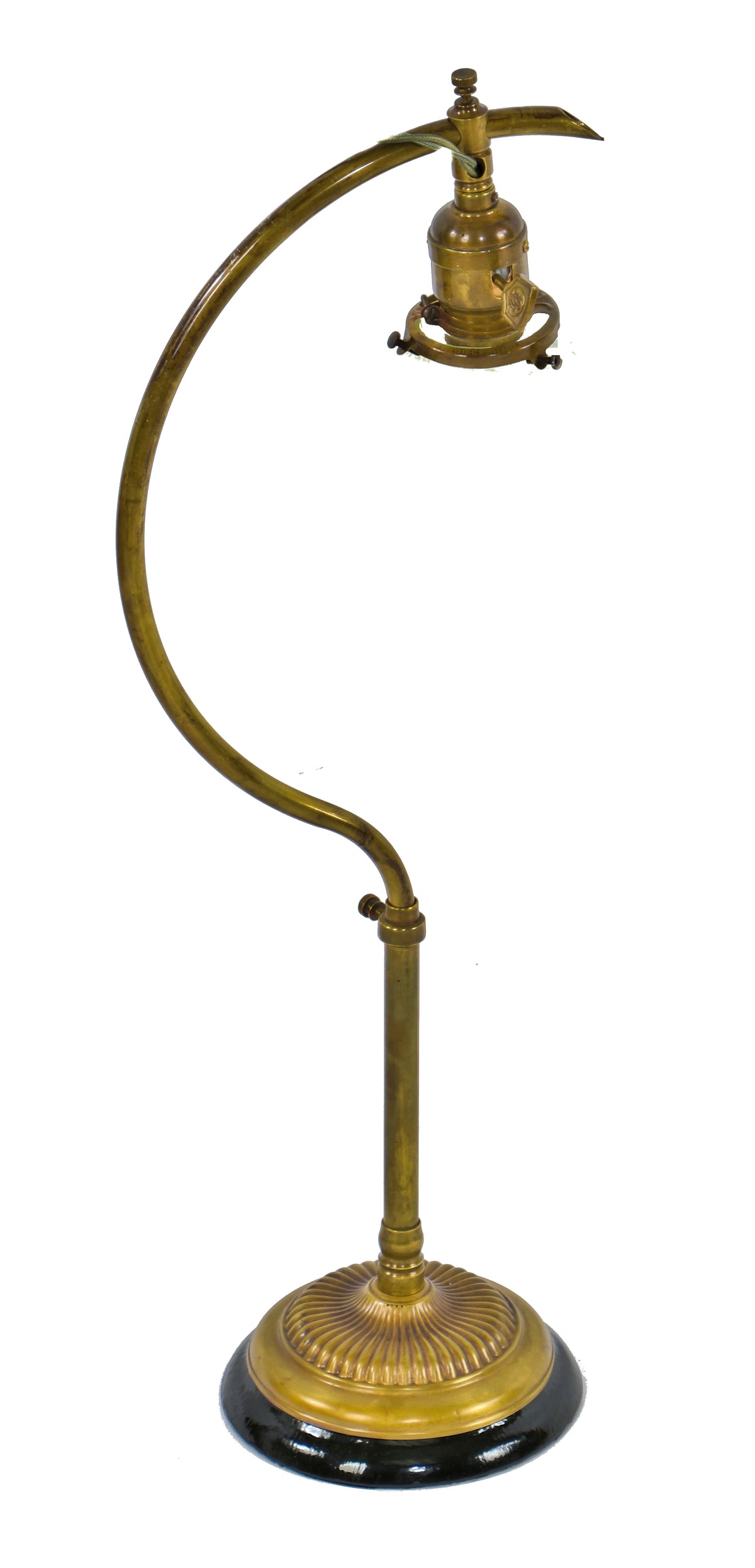 early 20th century fully functional original fully adjustable c-arm faries table or desk lamp comprised of tubular brass metal with weighted cast iron base