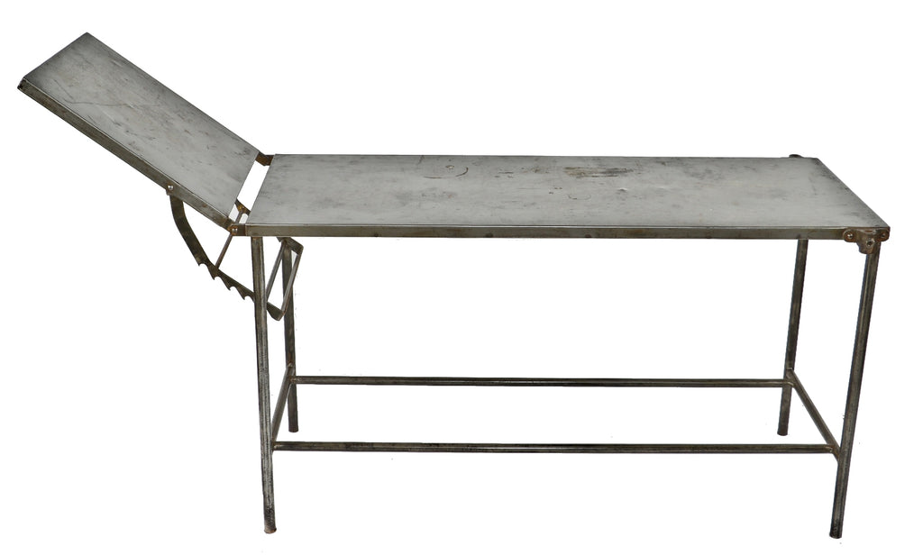c. 1920's all original and intact fully adjustable pressed and folded steel cook county hospital operating room examination room table with tubular steel legs