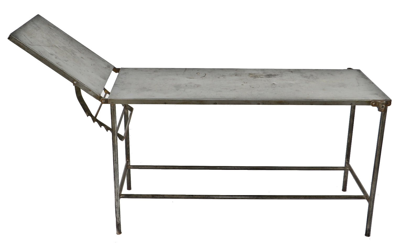 c. 1920's all original and intact fully adjustable pressed and folded steel cook county hospital operating room examination room table with tubular steel legs