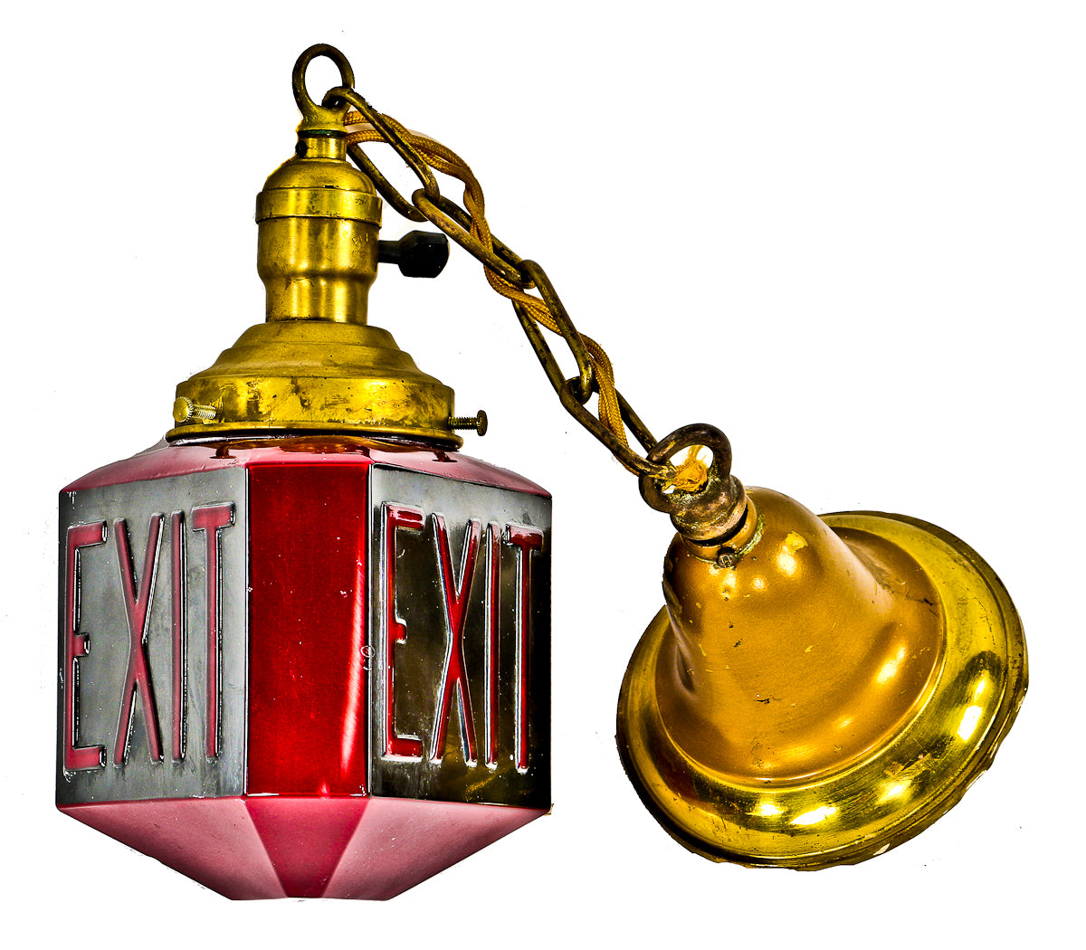 original and completely intact c. 1920's antique american three-sided richly colored ruby red and black embossed theater exit globe with fitter and canopy