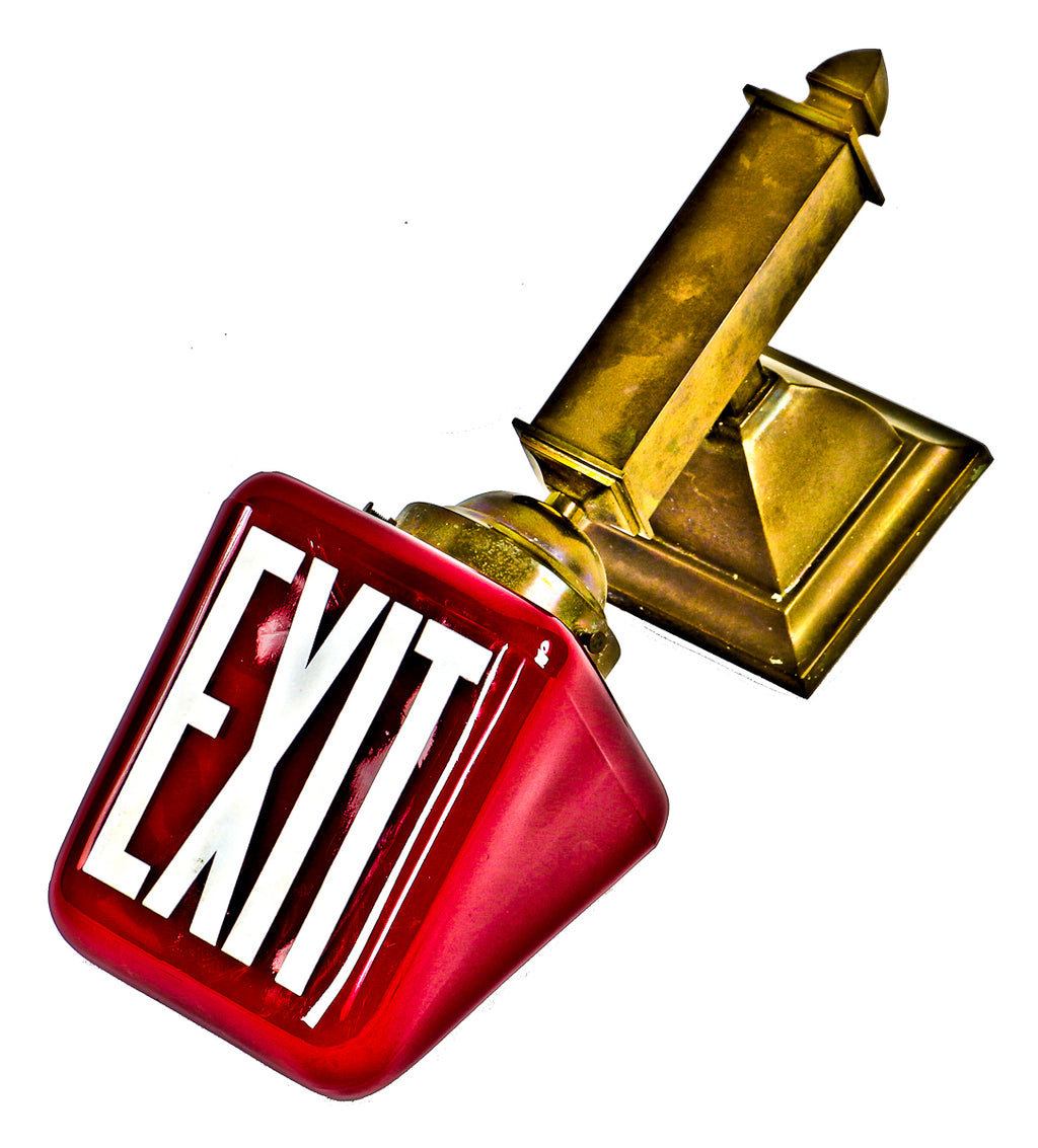 c. 1920's flush mount double-sided ruby red illuminated exit light wall sconce with intact baked white enameled lettering applied to glass
