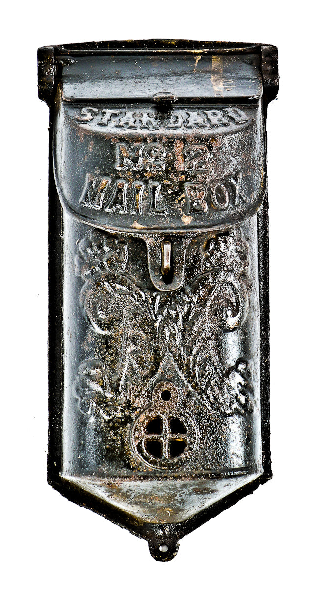 late 19th or early 20th century salvaged chicago ornamental cast iron flush mount hinged top standard "no.2" mailbox with original black enameled finish