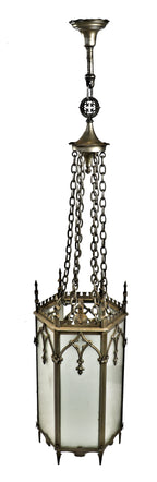 all original massive ornamental cast iron metallic silver finish gothic style interior church interior light fixtures with multifaceted glass panels