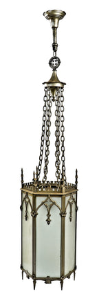 all original massive ornamental cast iron metallic silver finish gothic style interior church interior light fixtures with multifaceted glass panels