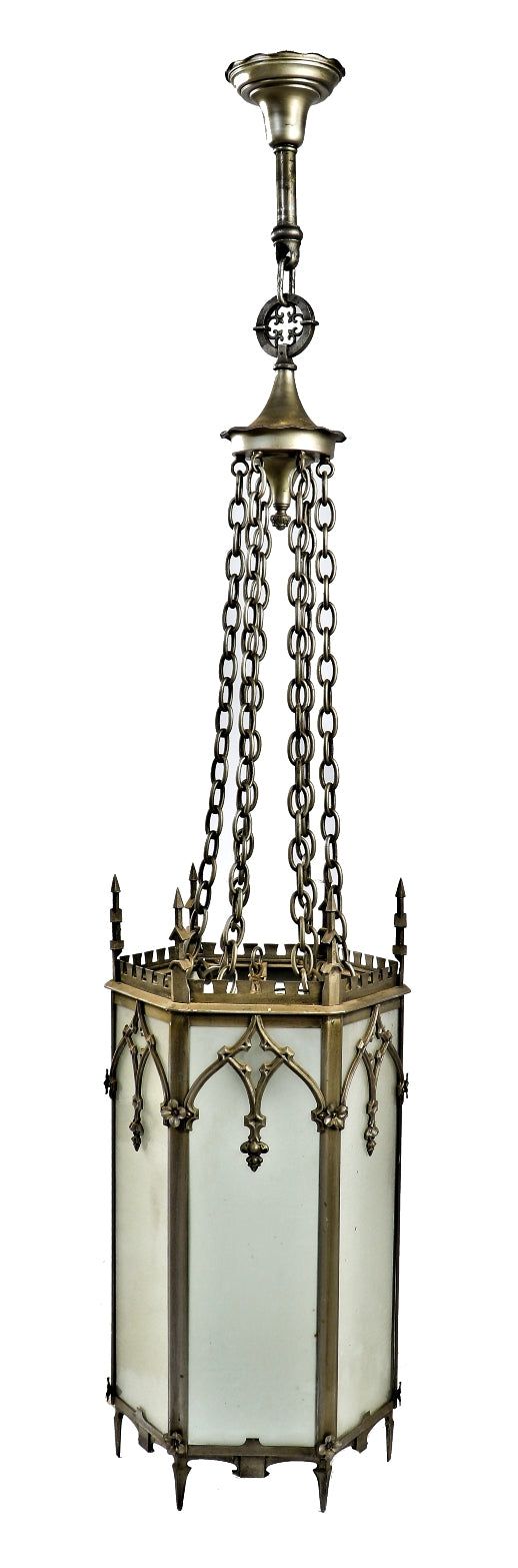 all original massive ornamental cast iron metallic silver finish gothic style interior church interior light fixtures with multifaceted glass panels