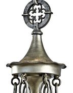 all original massive ornamental cast iron metallic silver finish gothic style interior church interior light fixtures with multifaceted glass panels