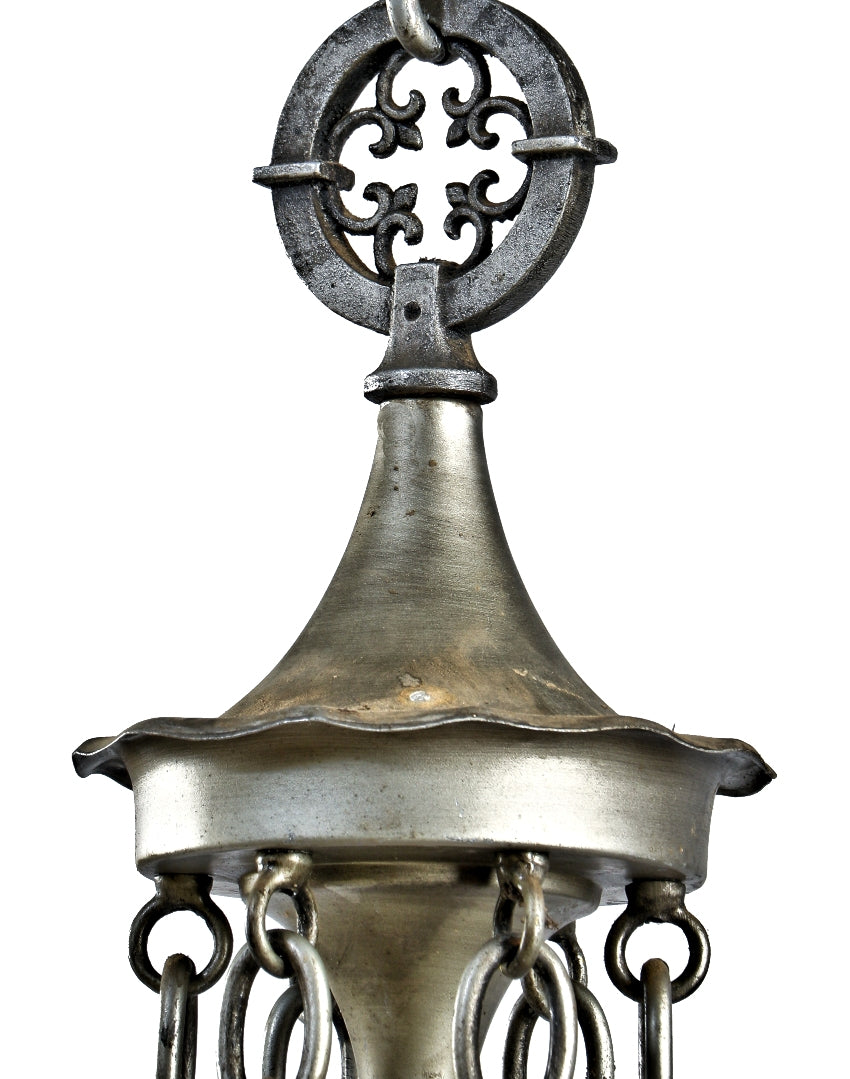 all original massive ornamental cast iron metallic silver finish gothic style interior church interior light fixtures with multifaceted glass panels