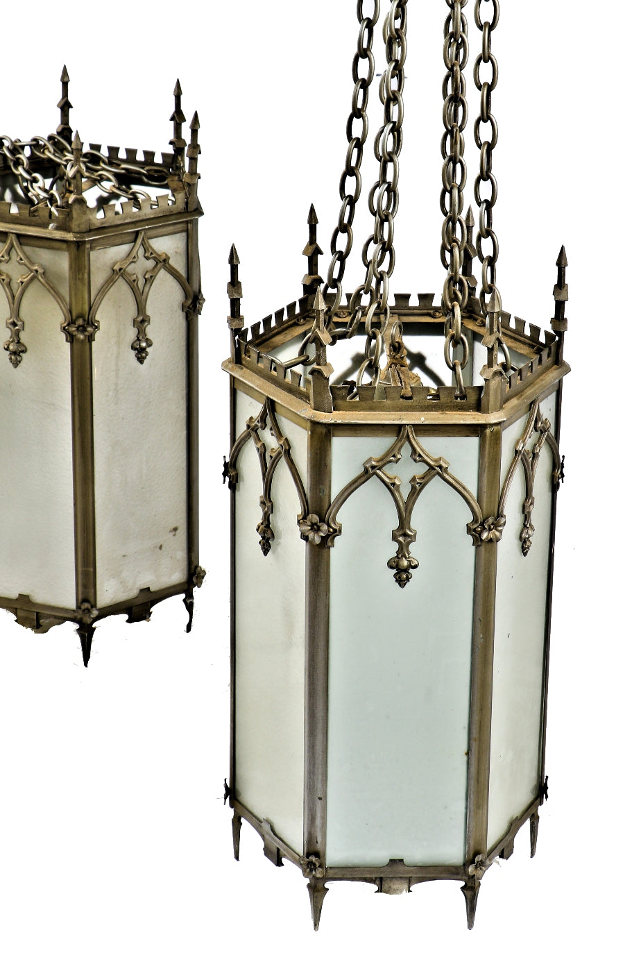 all original massive ornamental cast iron metallic silver finish gothic style interior church interior light fixtures with multifaceted glass panels
