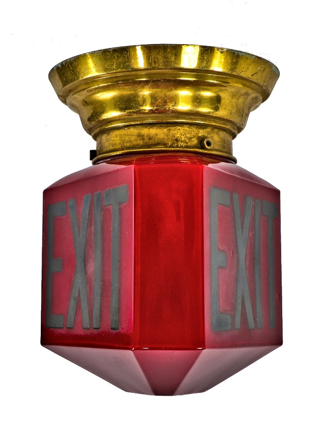 depression-era three-sided all original american art deco style ruby red glass flush mount theater lobby illuminated exit light fixture with nicely aged brass shade fitter