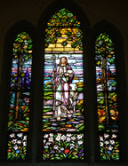 museum quality c. 1929 signed salvaged chicago lutheran church interior multi-paneled "munich style" narrative triptych window
