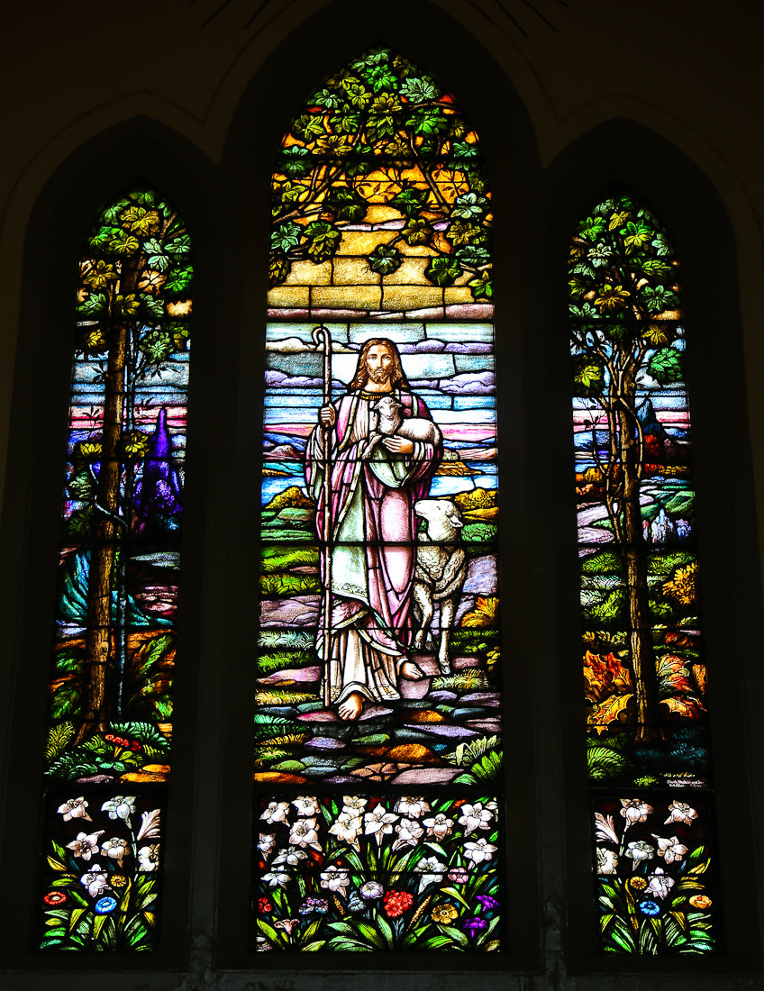 museum quality c. 1929 signed salvaged chicago lutheran church interior multi-paneled "munich style" narrative triptych window