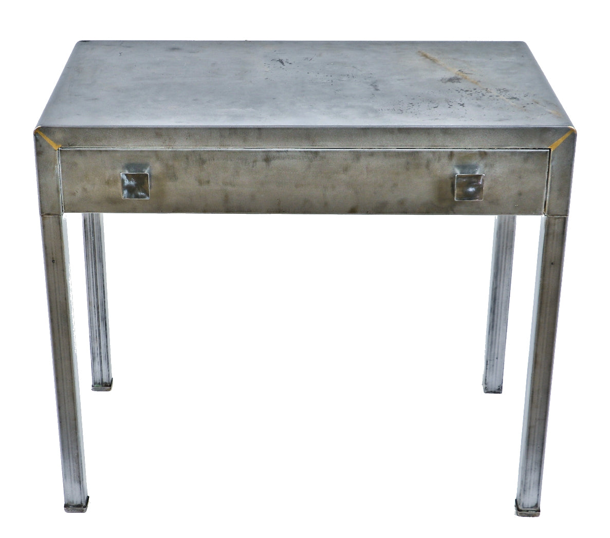highly sought after all original robust pressed and folded steel four-legged simmons desk with single pull-out drawer retaining original drawer pulls