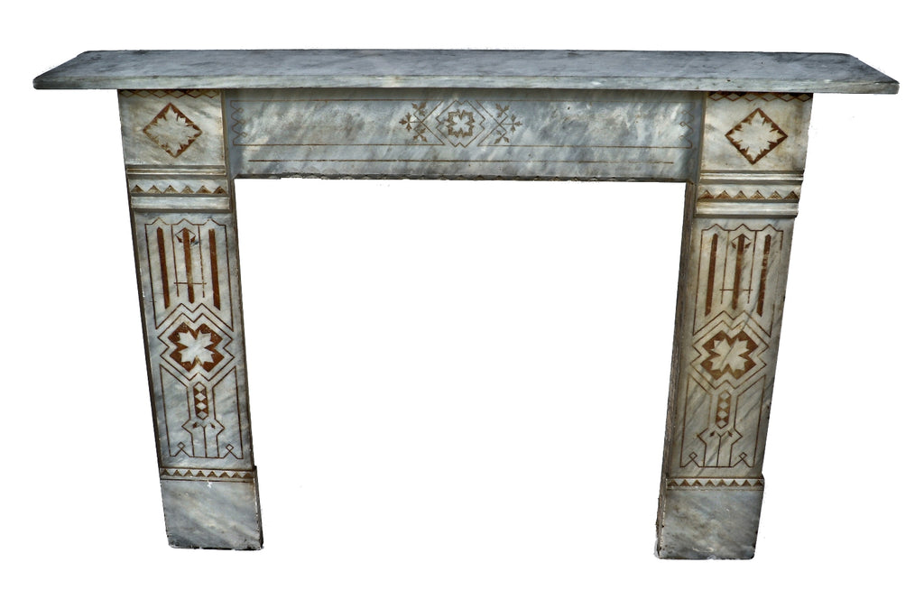 original and completely refurbished mid-1870's antique american salvaged chicago gray marble residential fireplace with lightly incised floral motifs