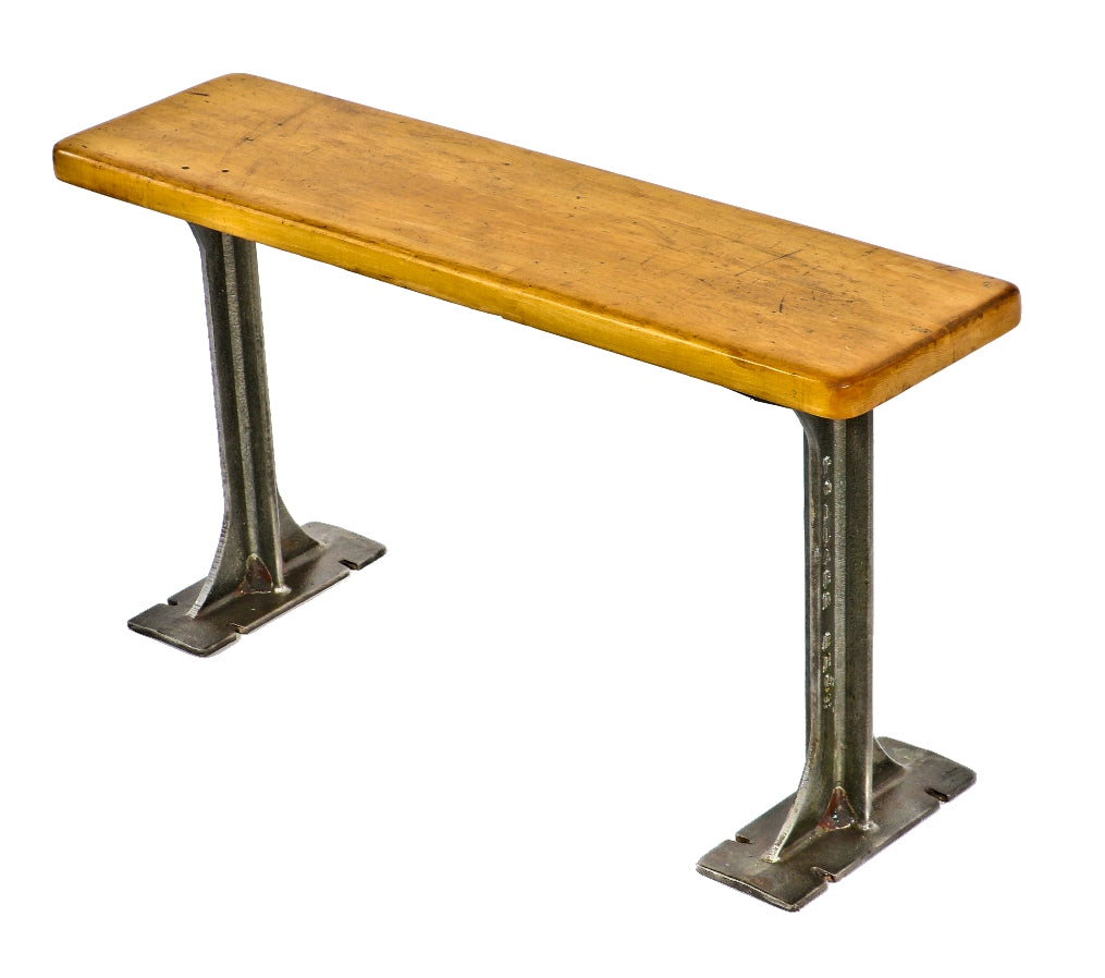 refinished depression era a. finkl & sons original foundry locker room bench with pollard cast iron legs and intact rock hard maple wood top or seat