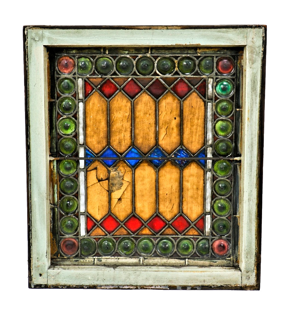 largely intact mid-1880's american victorian era richly colored art glass german meeting hall window with centrally located "picket fence" motif