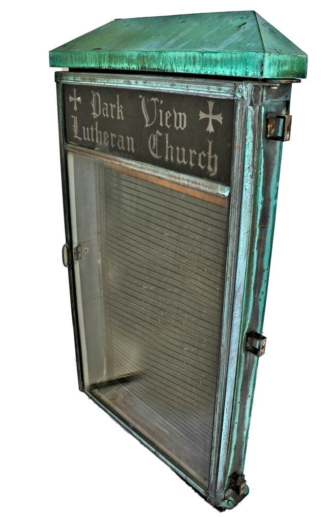 original oversized exterior illuminated single door bronze and copper metal park view lutheran church letterboard directory with reverse-painted sign