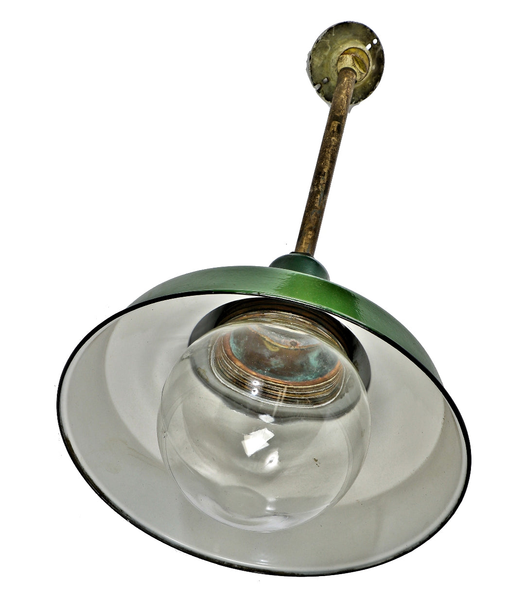 highly sought after all original "explosion proof" green porcelain enameled chicago factory pendant light fixture with impact-resistant oversized glass globe