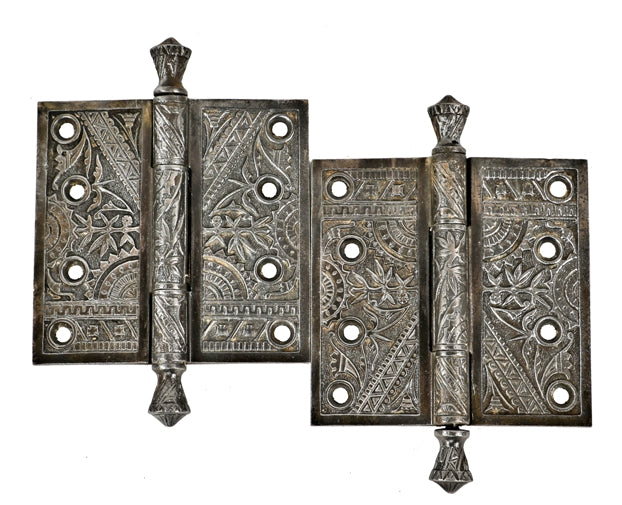 matching set of original "oriental" pattern antique american salvaged chicago residential entrance door hinges with elegantly-designed urn finials