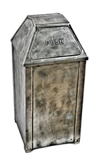 original "united" depression era antique american industrial pressed and folded steel freestanding trash can with a hinged pyramidal-shaped top