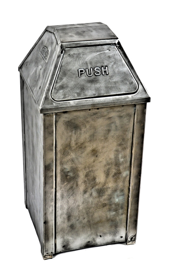 original "united" depression era antique american industrial pressed and folded steel freestanding trash can with a hinged pyramidal-shaped top