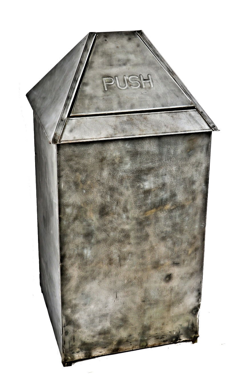 refinished original oversized antique american industrial brushed and sanded cold-rolled steel stationary amusement park hinged-top trash can with clear coat finish