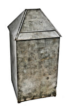 refinished original oversized antique american industrial brushed and sanded cold-rolled steel stationary amusement park hinged-top trash can with clear coat finish