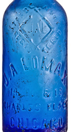 completely intact 19th century vibrant blue hutchinson shaped bottle with original patent spring stopper manufactured for chicago bottling giant j.a. lomax