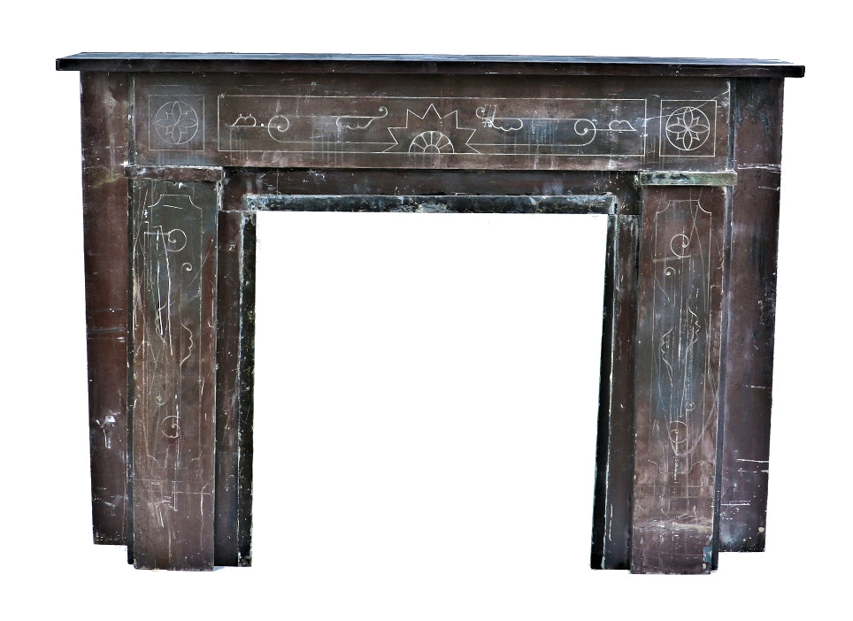 mid to late 1870's salvaged chicago interior residential faux marble finish american victorian era slate fireplace mantel with incised designs throughout