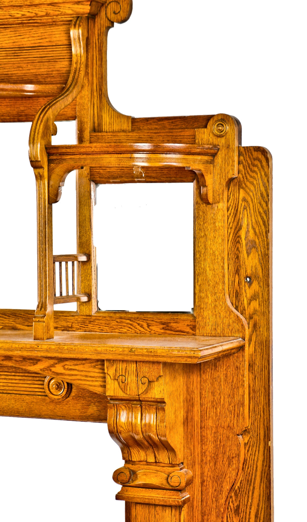 fully restored 19th century antique american victorian era varnished white oak wood interior residential full fireplace mantel with intact beveled edge mirrors