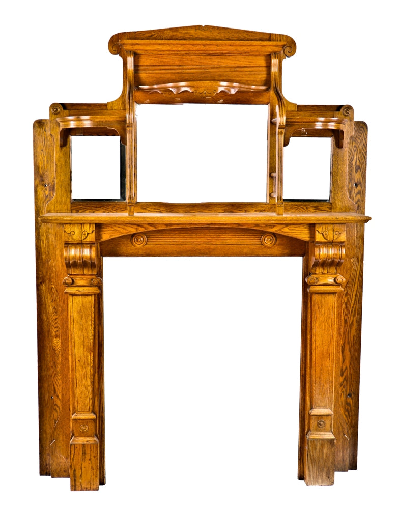 fully restored 19th century antique american victorian era varnished white oak wood interior residential full fireplace mantel with intact beveled edge mirrors