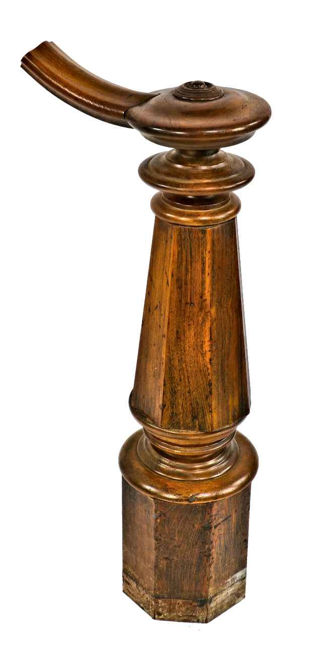 original early 1870's chicago interior commerical italianate style solid walnut octagonal-shaped freestanding newel post with intact cap and threaded iron rod