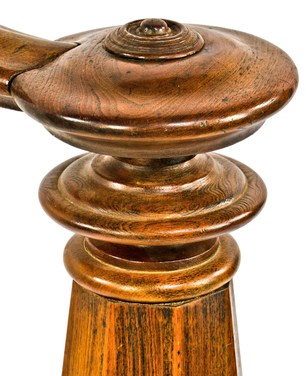 original early 1870's chicago interior commerical italianate style solid walnut octagonal-shaped freestanding newel post with intact cap and threaded iron rod