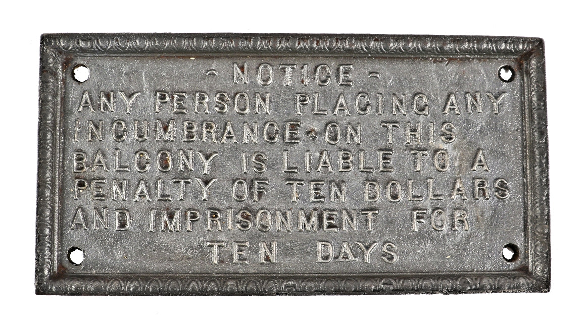 hard to find oversized exterior 19th century new york city soho district fire escape "incumbrance" notification sign with egg & dart border