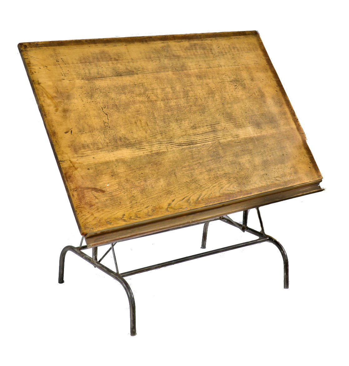 c. 1940's massive fully adjustable bent tubular steel american industrial factory workshop draftsman table with original drawing board