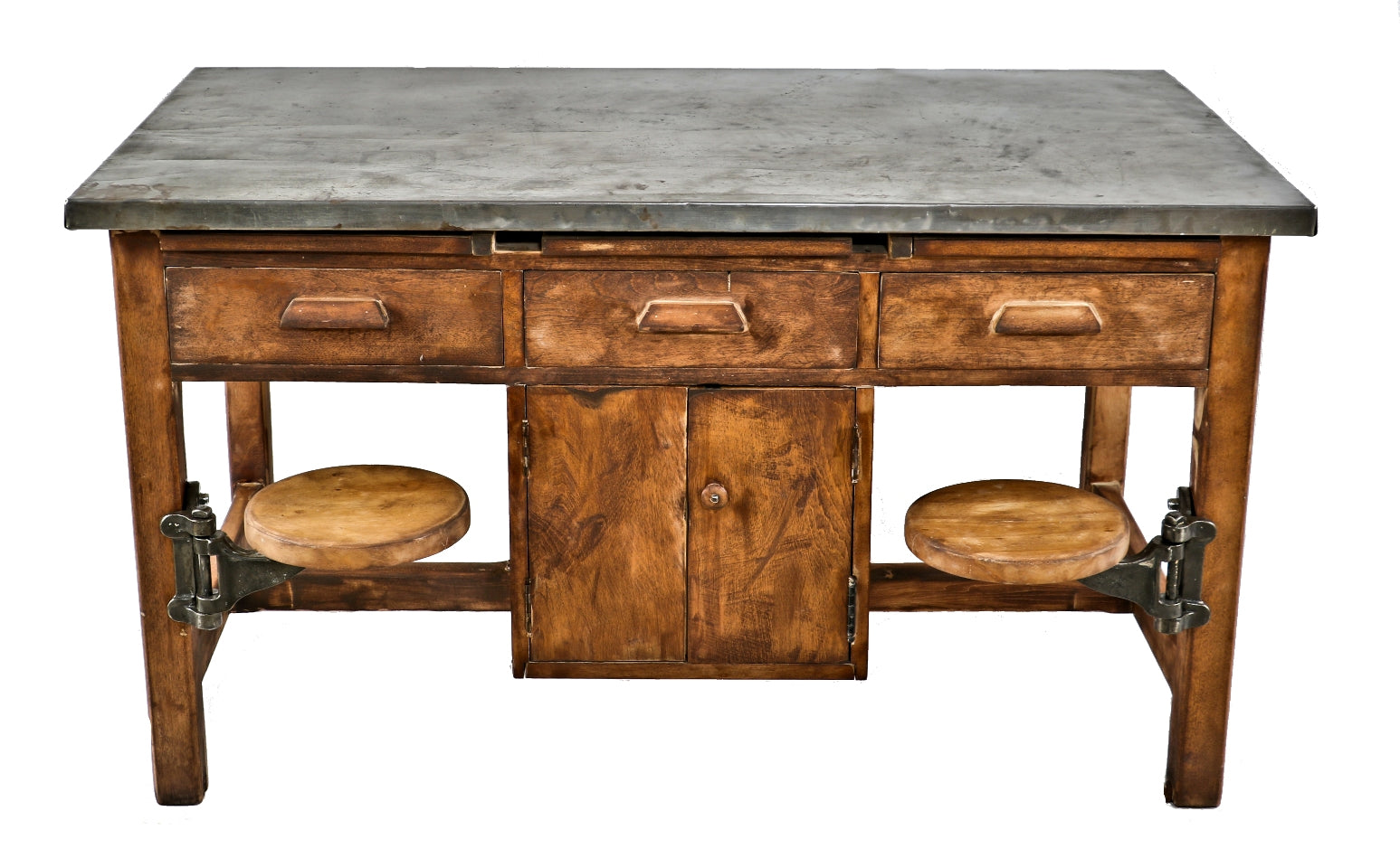 exceptionally hard to find refinished early 20th century kewaunee chicago public school science laboratory swing-out seat table with metal top