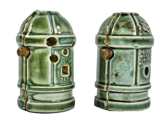 two matching early 20th century fully functional green enameled american industrial push-button cutler-hammer factory pendant light sockets