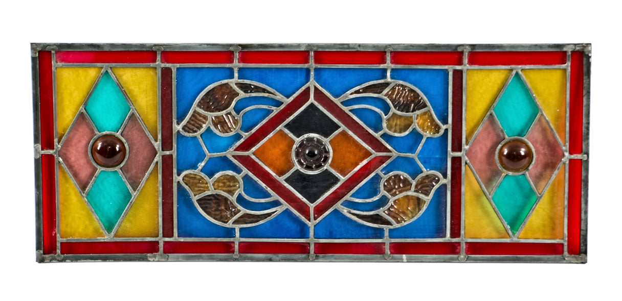 early 1880's antique american victorian era stained glass salvaged chicago transom window with multiple oversized pressed glass rondels