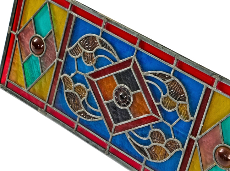 early 1880's antique american victorian era stained glass salvaged chicago transom window with multiple oversized pressed glass rondels