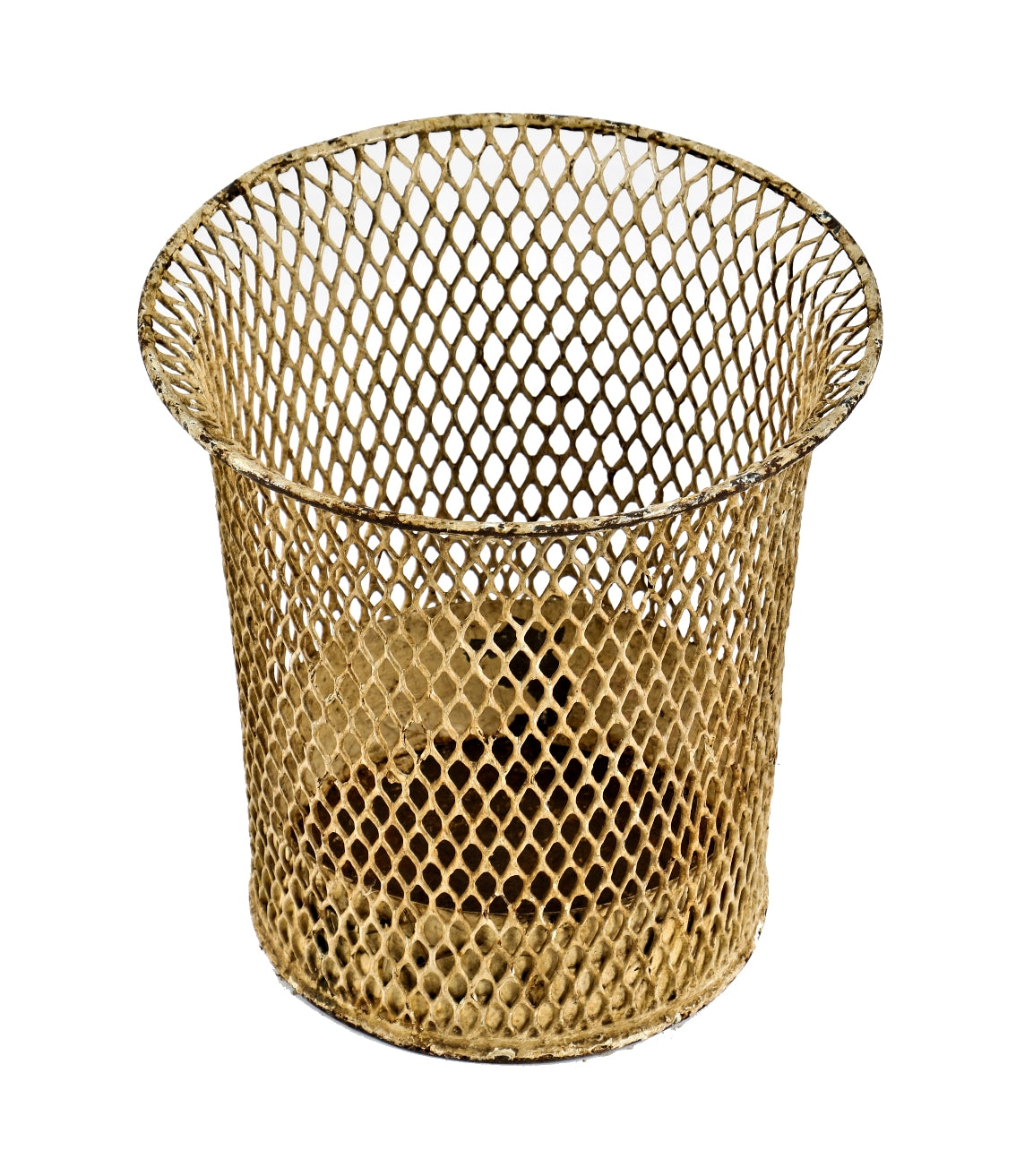 depression era antique american salvaged chicago nicely aged all-metal rolled rim office building waste basket or trash can