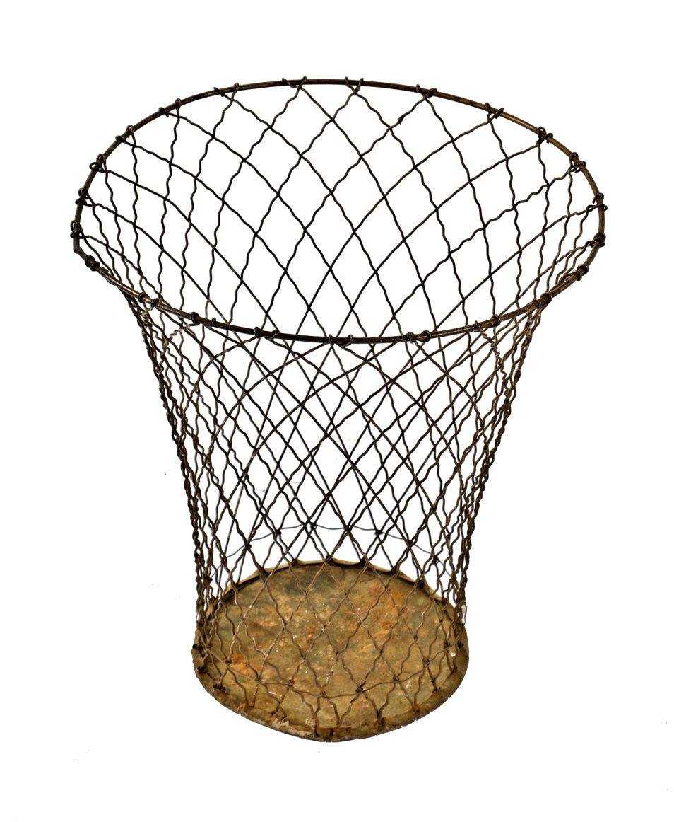 all original lightweight vintage american industrial uniquely-shaped metal wire salvaged chicago office waste or trash can with reinforced metal bottom