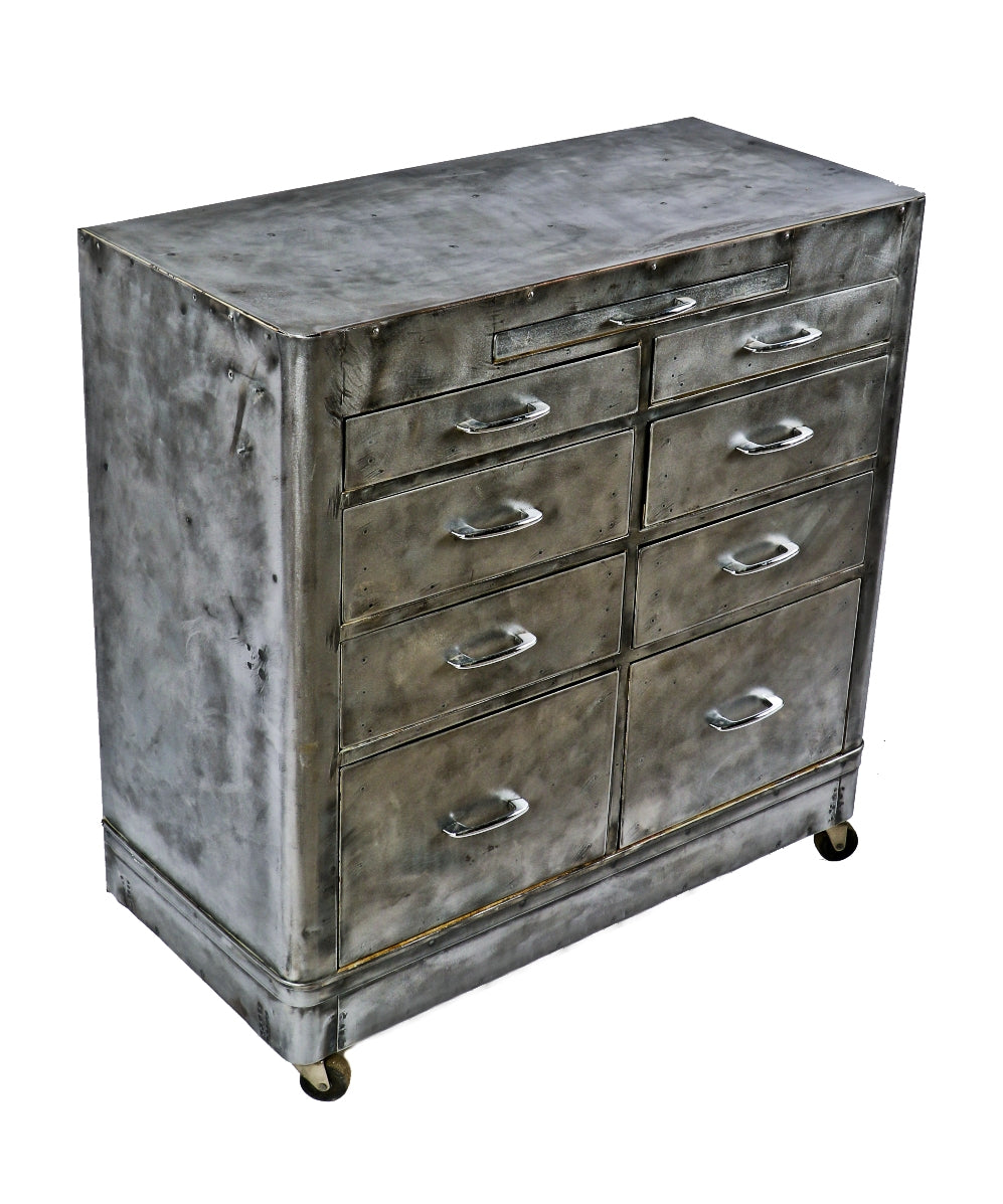 refinished c. 1940's american industrial brushed cold-rolled steel multi-drawer hospital room cabinet with fully functional bassick swivel casters