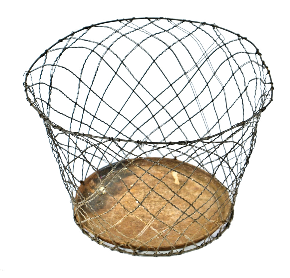 c. 1920's antique american industrial "daisy" salvaged chicago office building industrial metal wire waste basket or trash can with stamped metal bottom