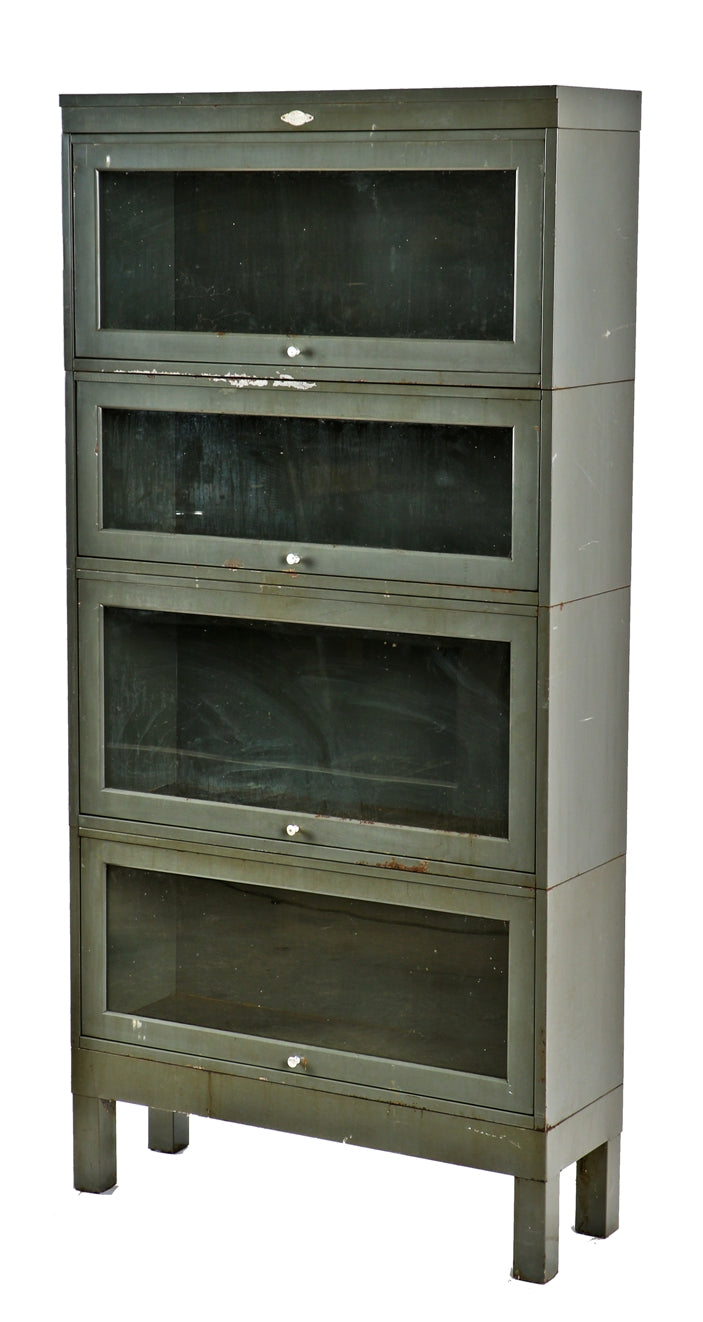 all original and fully functional pressed and folded "art metal" enameled steel american industrial barrister bookcase with sliding cabinet doors