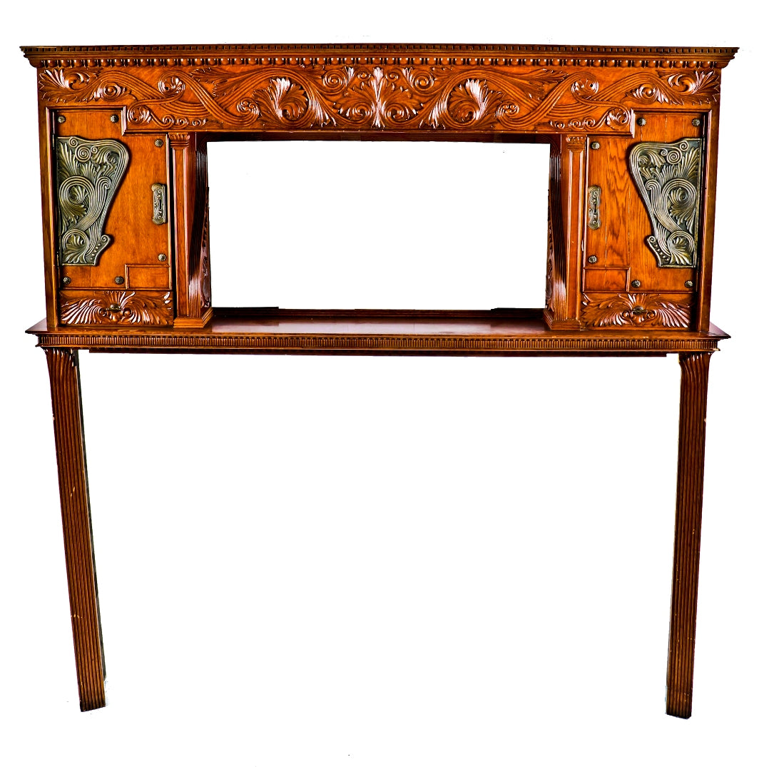 original c. 1883 exceptional hand-carved quartered oak wood chicago mansion fireplace mantel with cabinet doors and drawers