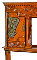 original c. 1883 exceptional hand-carved quartered oak wood chicago mansion fireplace mantel with cabinet doors and drawers