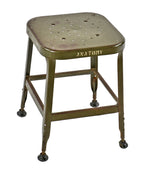 all original c. 1950's reinforced army green enameled salvaged chicago public school "anatomy" classroom pressed and folded steel lyon stool with stenciled lettering