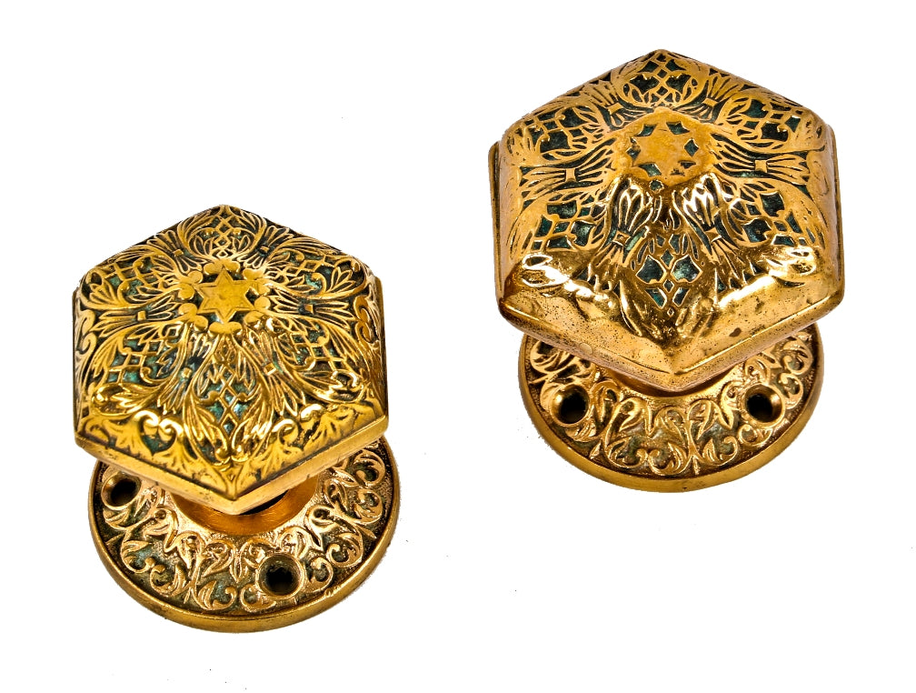 matching set of original cast ornamental bronze 19th century antique american victorian era hexagonal-shaped mallory wheeler doorknobs with rosettes