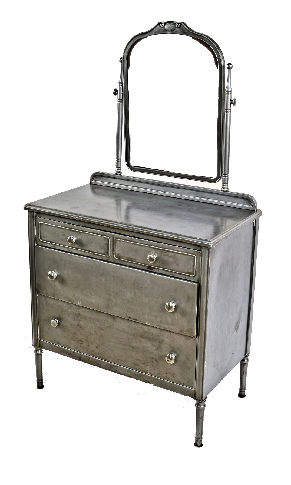 completely refinished american depression-era highly desirable size multi-drawer simmons dresser with original and intact pivoting mirror and metal frame