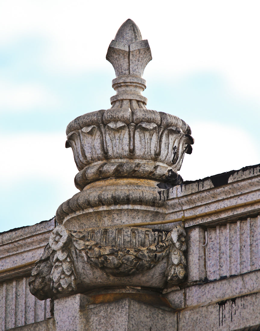 original museum-quality c. 1920's salvaged chicago milwaukee avenue motor sales company oversized mottled terra cotta urn with floral finial