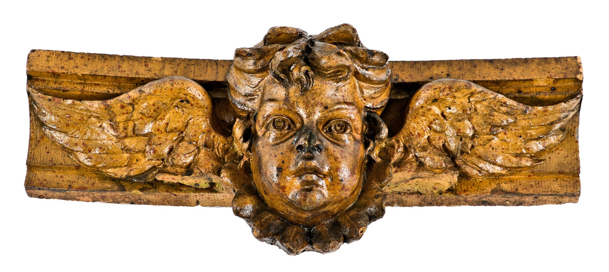 rare museum-quality largely intact st. boniface school exterior pilaster capital speckled terra cotta figural cherub with wings